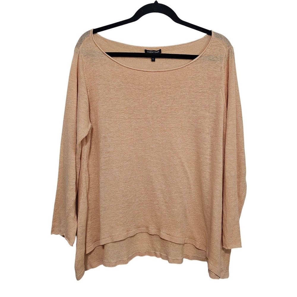 Eileen Fisher XL Peach 100% Linen Long Sleeve Top Knit Sweater Lagenlook Coastal